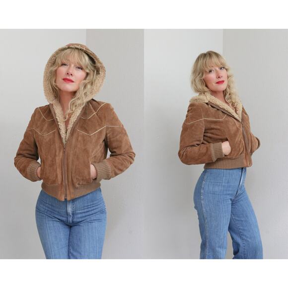 1970's Vintage Suede & Sherpa Hooded Cropped Bomber Jacket ~ Women's XS SM 70's - Picture 1 of 11